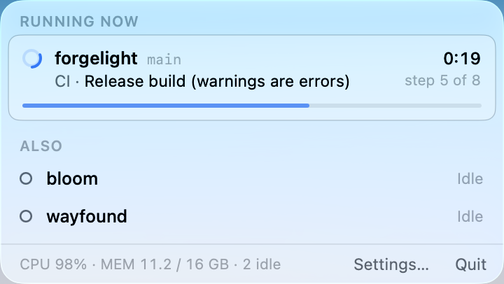 The ForgeLight menu: one runner building the CI workflow on main, step 5 of 8, and two idle runners